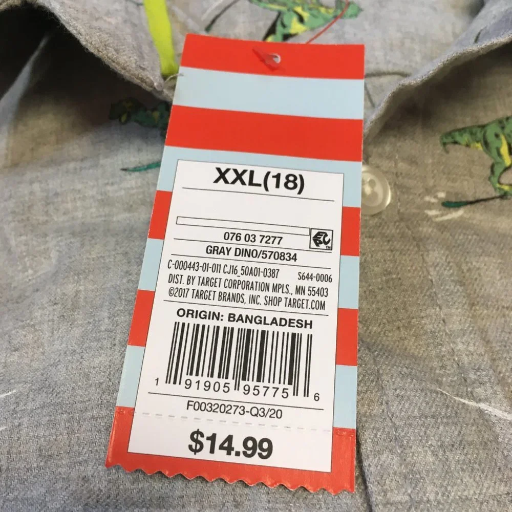 Boy’s Cat & Jack Gray Skiing Dinosaur Long Sleeve Button Down Shirt XXL (18)